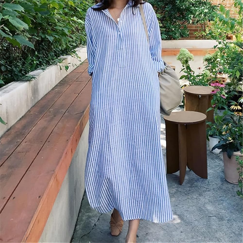 casual Women's XL Blue Pinstriped Maxi Dress With Belt And  Side Pockets NEW