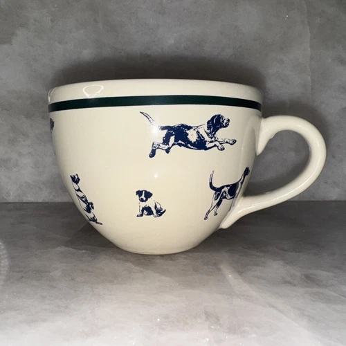 Vtg Eddie Bauer Home Large Diner Coffee Cup Mug Dogs Hounds Breeds Blue Ivory