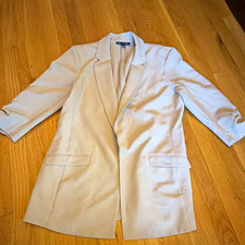 INC International Concepts Women's L Beige Solid Hook Eye Collared Long Blazer
