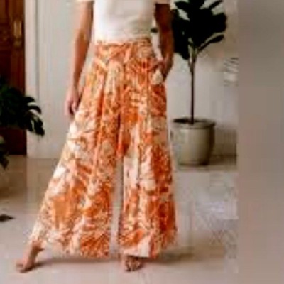 True Destinations Orange Floral Botanical Wide Leg Pants, Small, Beach Resort