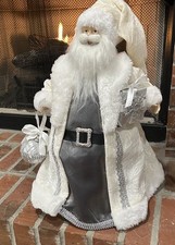 Standing Santa Claus w/ Christmas Gift  Ornament White Gray Silver 19"