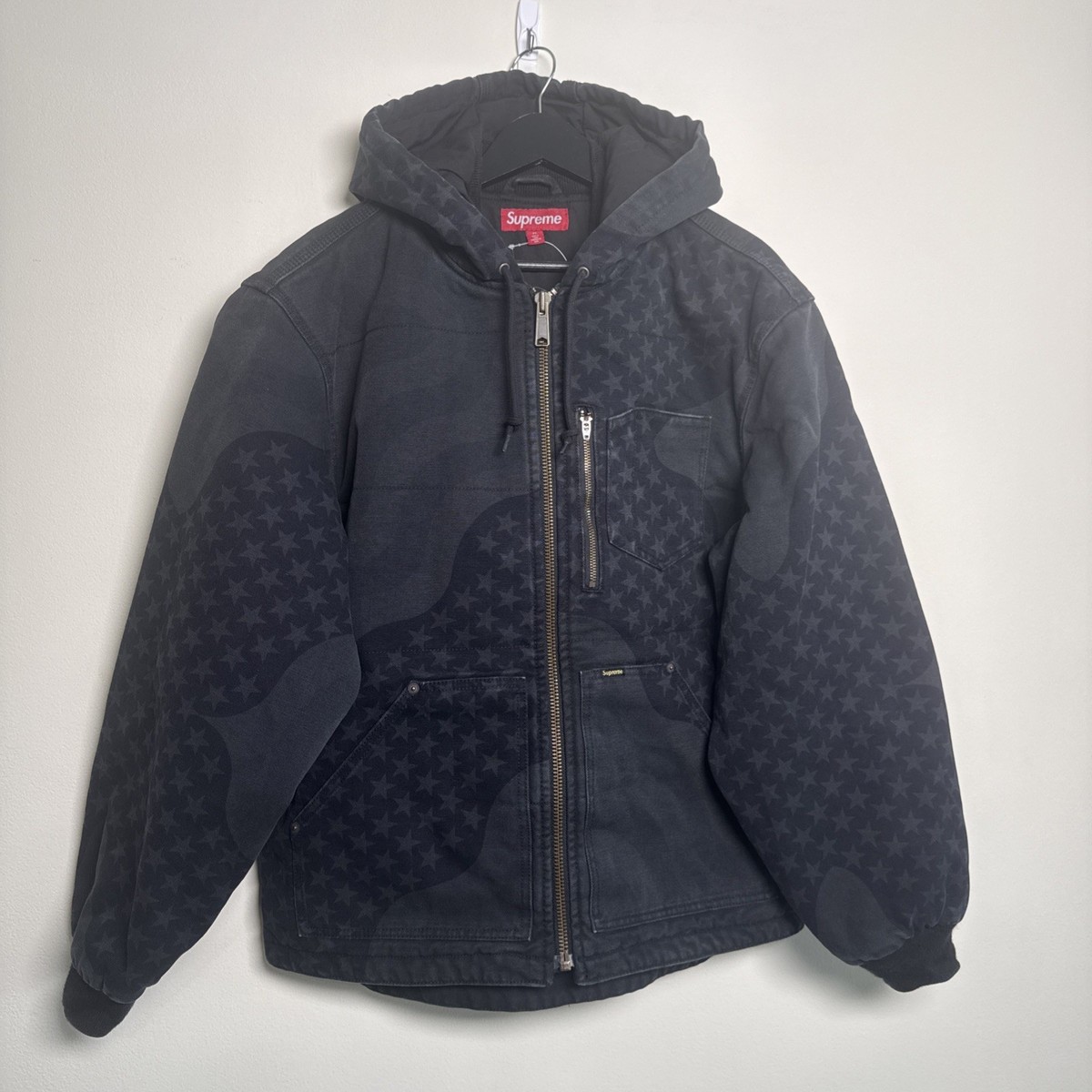Medium Supreme Flag Quilted Hooded Work Jacket Black Size M Ships