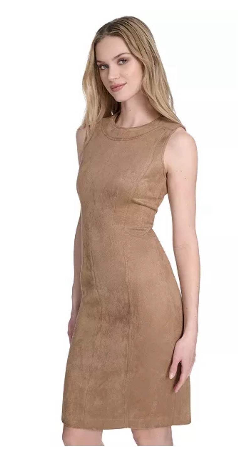 Calvin Klein NWT$129 Women's 4 Sleeveless Midi Sheath Dress Faux Suede Tan