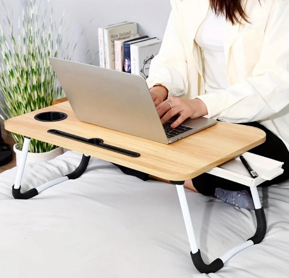 NEW/BOX Portable Laptop Bed Meal Table Multi Functional Tray Cup Holder Walnut