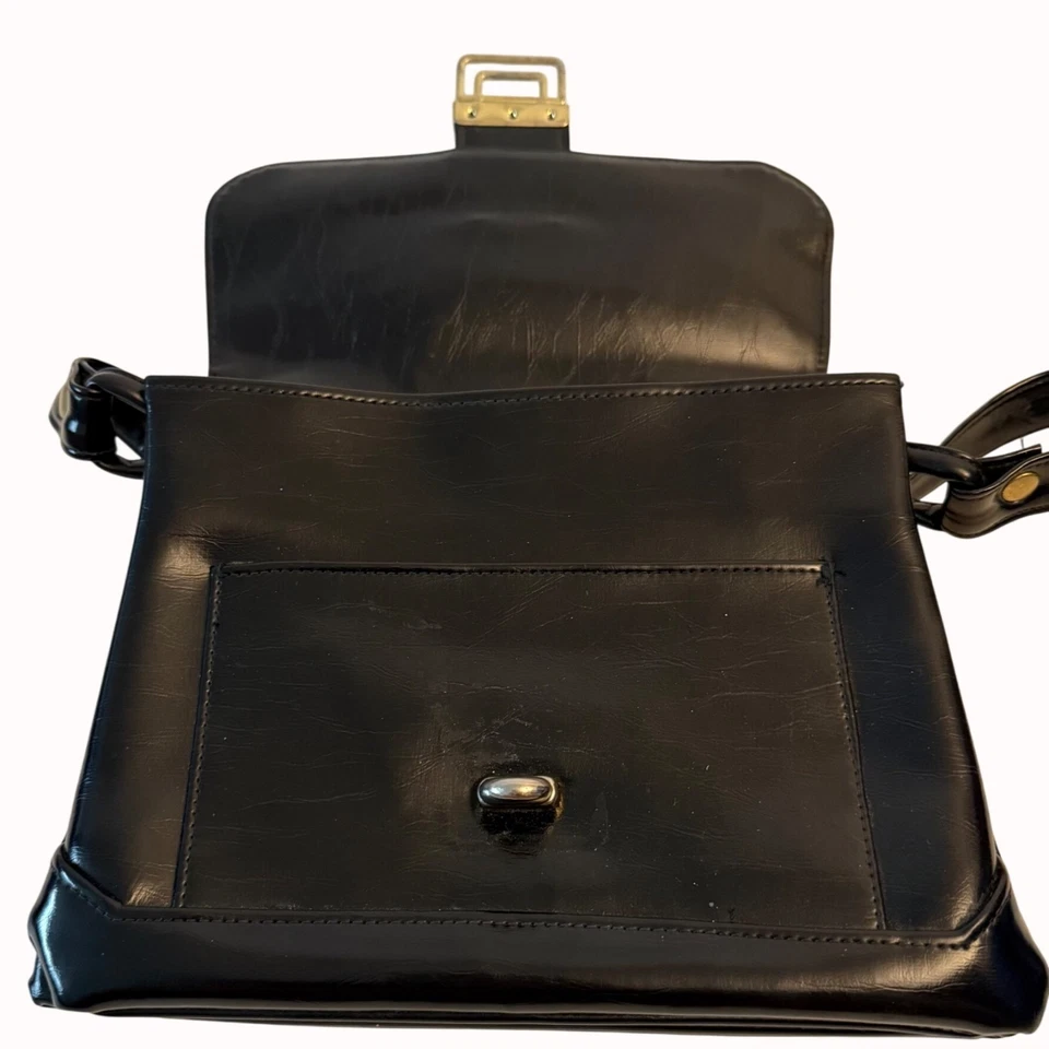 Elegante Bolso de Hombro de Cuero Negro De Colección Años 60 Cartera Compartimentos con Bloqueo Girado Cartera Foto 4 de 4