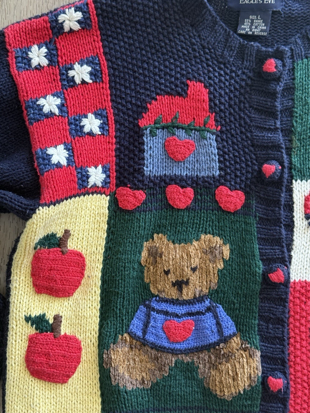 Vtg Eagle’s Eye Cardigan Sweater L Americana Flag Heart Apple Teacher Teddy Bear