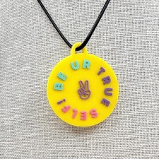 Vintage 90s Be Ur True Self Peace Sign Necklace Yellow Rubber Novelty Jewelry