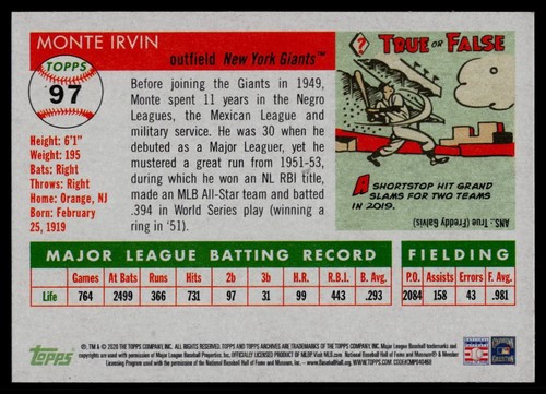 2020 Topps Archives #97 Monte Irvin New York Giants - Picture 2 of 2