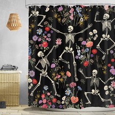60x72 Inch Skull Flower Shower Curtain Gothic Skeleton Black 12 Hooks