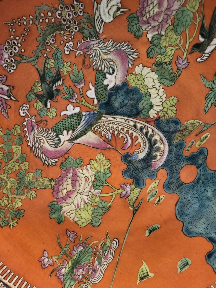 Vintage Chinese Charger Plate - Phoenix & Birds on Rich Orange Ground - Marked - Image 2 of 4