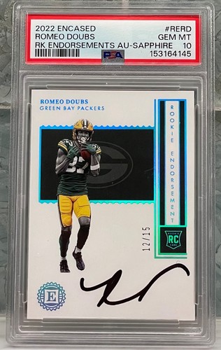 2022 Panini Encased Romeo Doubs Sapphire Rookie Endorsements Auto /15 RC PSA 10