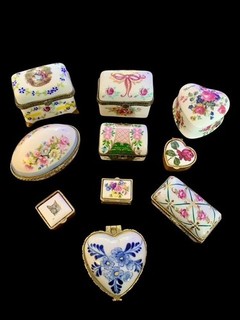 Vintage Collection of 10 Porcelain & Enamel Trinket Boxes Limoges Royal Worce