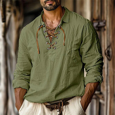 Men's Long Sleeve Shirt Solid Color Lace Up Linen T-Shirt Casual