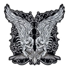 Twin Grey Skulls With Raised Wings Patch, Back Patches
