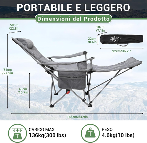 #WEJOY Sedia Da Campeggio Pieghevole Reclinabile, Sedia Sdraio Da Spiaggia Porta - Foto 2 di 28