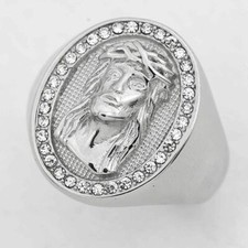 Men's Silver Stainless Steel,JESUS Face.CZ Ring 8-13.High Polish Box