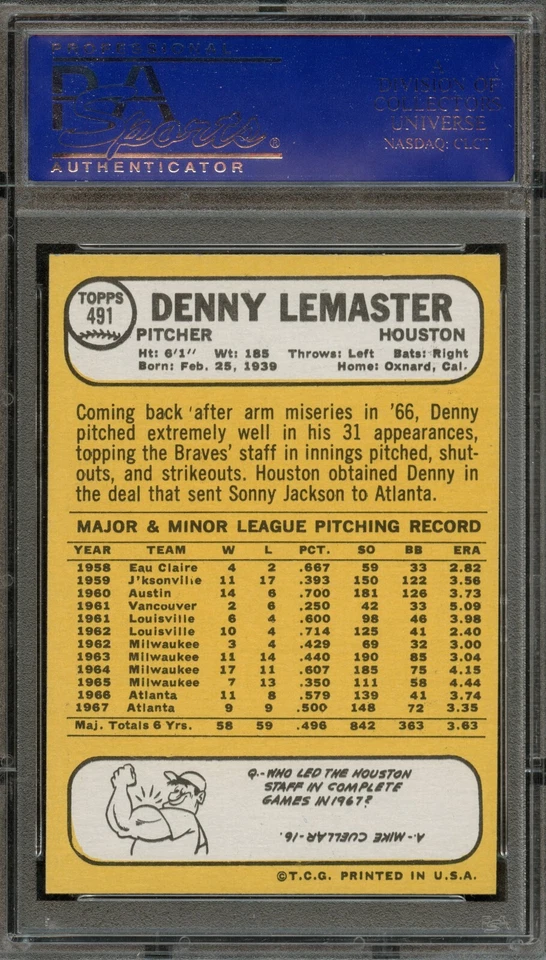 BB - 1968 Topps - #491 - Denny Lemaster - PSA 9 - MINT - Image 2 of 2