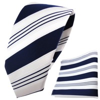 Schmale Tigertie Krawatte + Einstecktuch Blau Dunkelblau Weiß Silber Gestreift