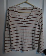 Altar'd State White & Beige Striped Long Sleeve T-Shirt Womens S V-neck Pullover
