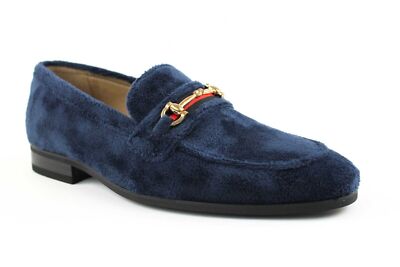gold shoes with navy blue dress ROYAL LUXE Men's Blue Leather Loafer Dress Shoes with Metal Buckle Accent main image 0