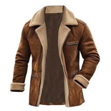 Men's Suede Shearling Coat Winter Vintage Fleece Jacket Warm Leather Overcoat