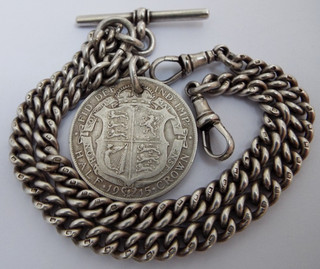 SUPERB HEAVY 62g ANTIQUE 1887 SOLID STERLING SILVER DOUBLE ALBERT WATCH CHAIN