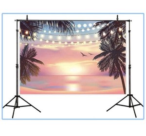 Photography BACKDROP 7x5 Pink Sunset Beach Scene With Palm Trees FABRIC EUC