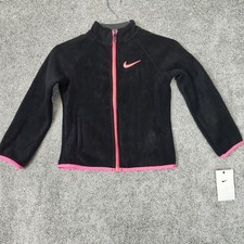 Nike Jacket Girls 6 Black Pink Full Zip Fleece Swoosh Logo Contrast Trim Youth