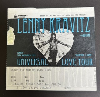 Lenny Kravitz –Wembley Arena – 28th November 1993 Original Concert Ticket