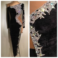 Black Ballroom Dance Dress Velvet Rhinestones Feather Slit Competition