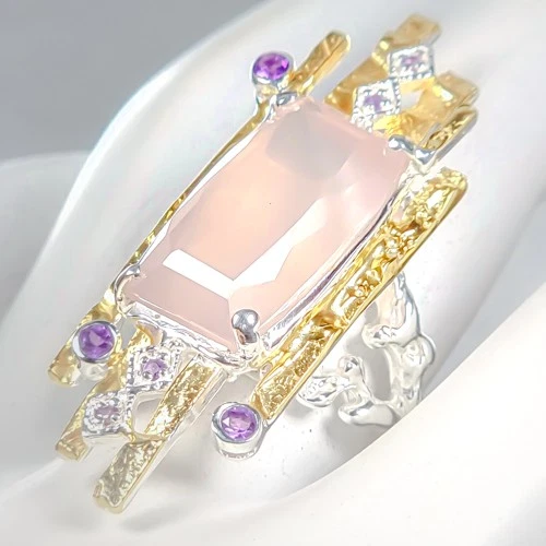 Anillo de cuarzo rosa natural de 24 quilates Fine Art de plata de ley 925 tamaño 7,5/R437982 Foto 2 de 4
