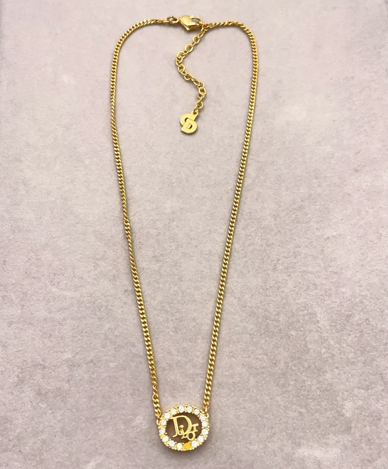 Auth Christian Dior CD Logo Rhinestone Necklace GD Set3 W/Box BA100151 - Image 3 of 4