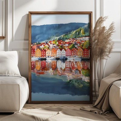 Bergen Norway Poster   Colorful Watercolor Scandinavian Wall Art for Home Decor
