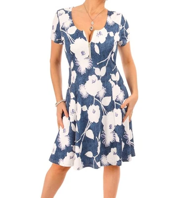 Nuevo Azul y Blanco Floral Cremallera Vestido Skater - Forrado - Imagen 1 de 3