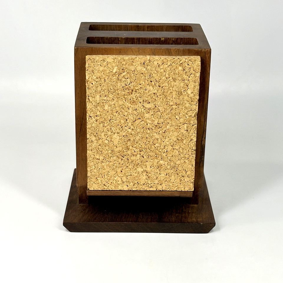 Genuine MCM walnut desk organizer with cork side panels — the kind of tactile, warm-toned piece that makes a modern desk feel curated instead of corporate.