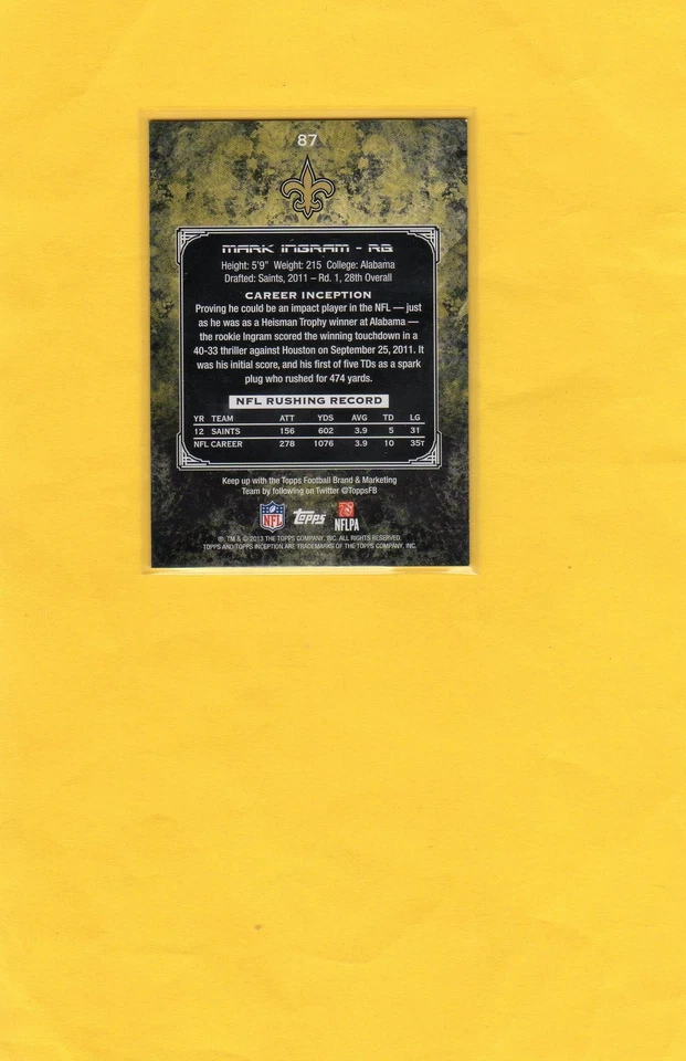 2013 TOPPS INCEPTION PRINTING PLATE MARK INGRAM #87 1 OF 1 - Image 2 of 2