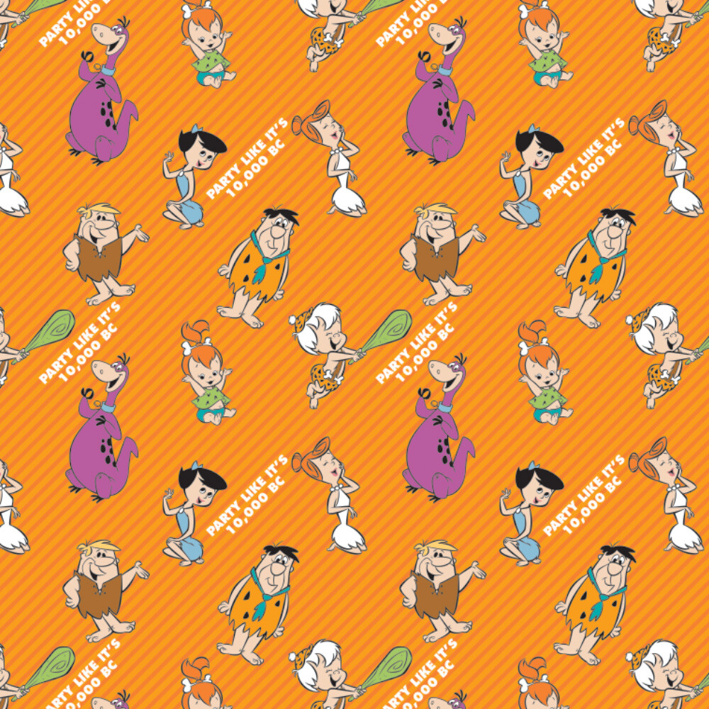 Fat Quarter Flintstones Family On Orange Stripes 100% Cotton Quilting Fabric