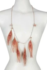 Betsey Johnson Pinktina Pink Patina SKULL Charm and FEATHER Long Necklace NEW