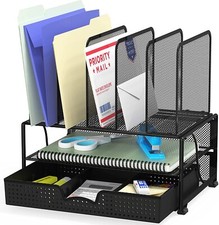 Mesh Desk Organizer with Sliding Drawer Double Tray and 5 Upright Sections BLK