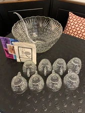 Anchor Hocking Arlington Glass Punch Bowl 18 PS Set W/ Recipe Book Hooks Ladle