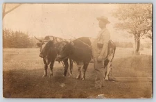 Postcard RPPC Unidentified Farmer w Pipe Smoking & Cows in Overalls
