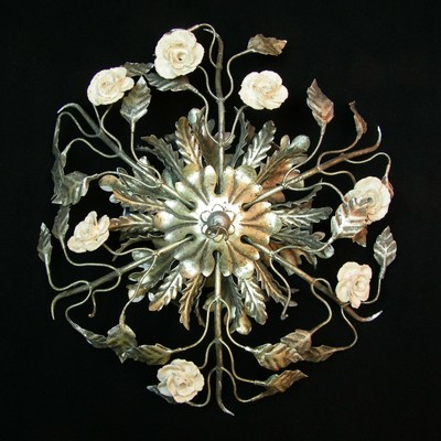 Vtg Banci Firenze Sunburst Leaves Flush Mount Porcelain Roses