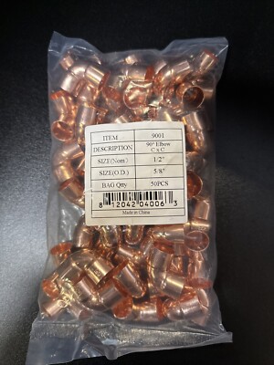 Copper Pipe Fittings 90 Degree Elbow 1/2'' Inch - Lot/bag of 50