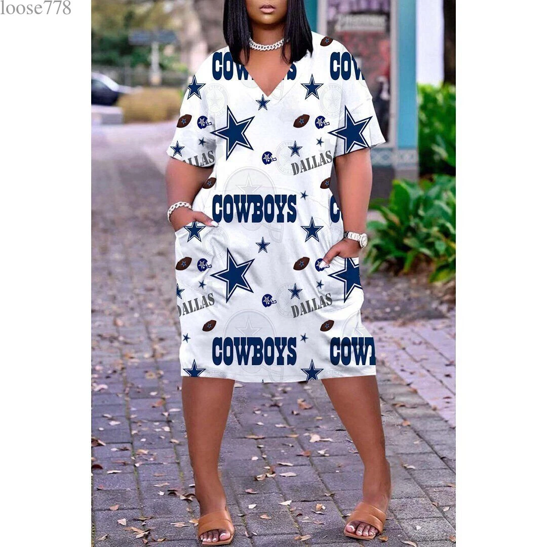 Dallas Cowboys Plus Size Womens Dresses V-neck Short Sleeve Dress Loose  Sundress