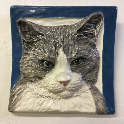 Shorthair Cat Ceramic portrait 3d tile bas-RELIEF Handmade Alexander Art