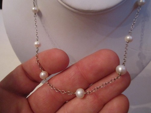 STERLING SILVER NECKLACE WITH WHITE PEARLS - 16" LONG - TUB SC2 - Picture 2 of 3