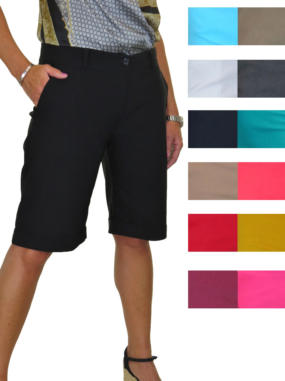 Women’s Stretch Bermuda Shorts Above Knee Turn Up Cuff Mid Rise 8–22