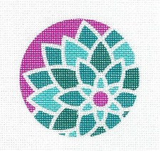 SP.ORDER Teal Pink Deco Flower 3" Rd. HP Needlepoint Canvas by Pepperberry