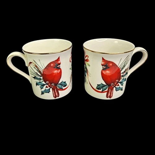 Lenox Winter Greetings Coffee Mugs Cups Set of 2 Christmas Cardinal 1995 Vtg