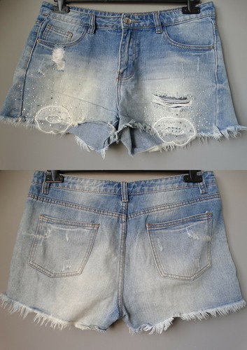 Shorts pantaloncini EXTRA corti di jeans L 44 denim strappi pizzo strass  sfilati | eBay